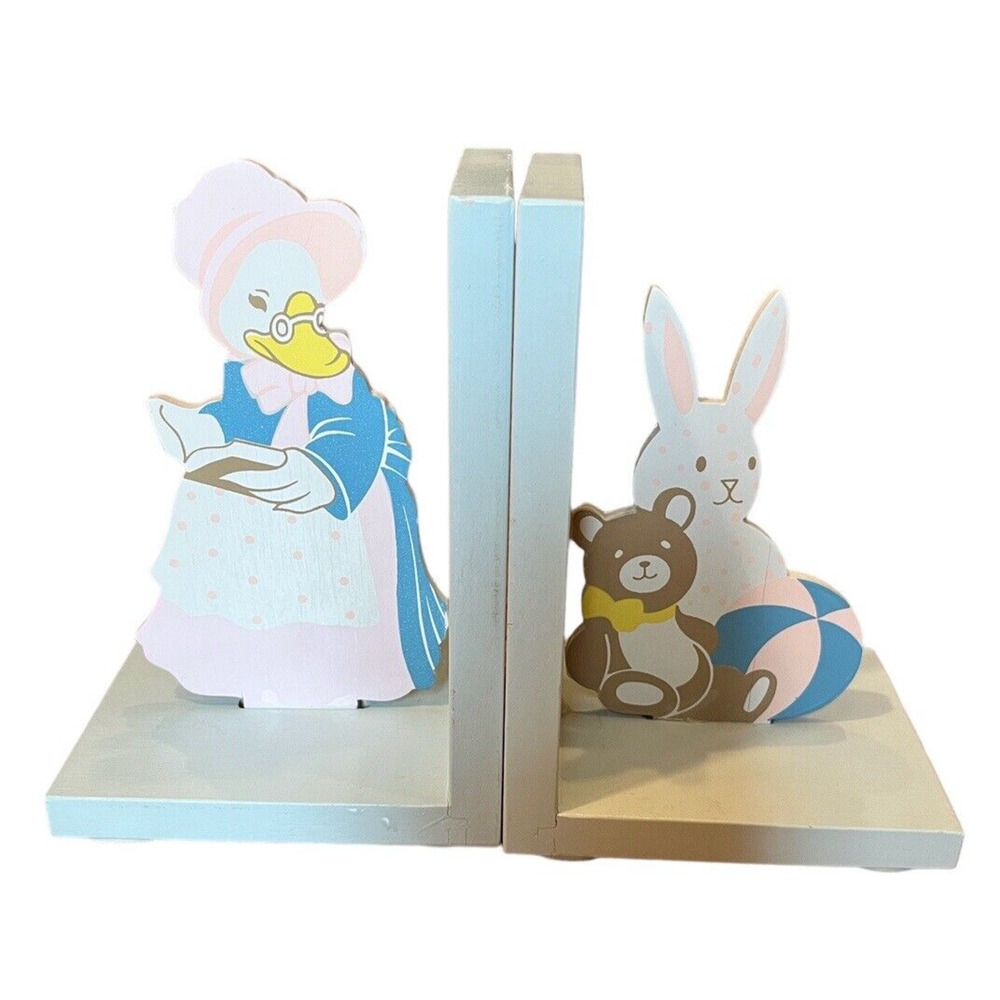 Pair Mother Goose Bookends Wooden Vintage Kids Bunny Nursery Decor Books
